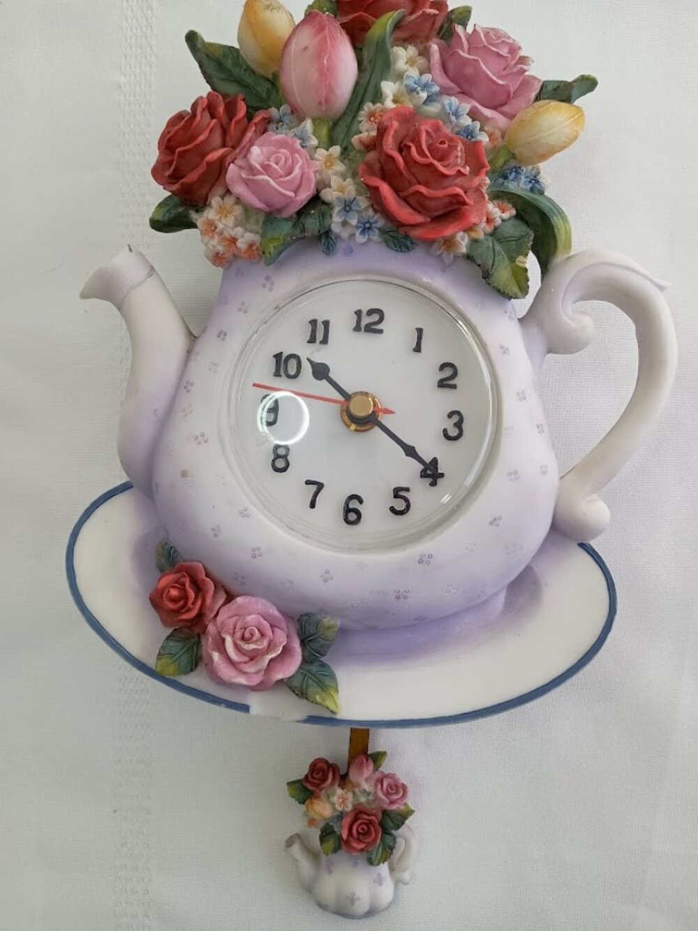 Vintage A Richesco Corp WC105 Hand painted Teapot Wall Clock with Floral Accents